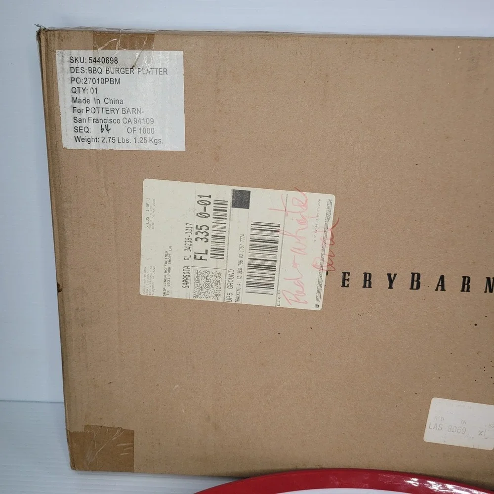 Pottery Barn New Old Stock BBQ Burger Serving Tray Plastic Red White 15x20 w Box